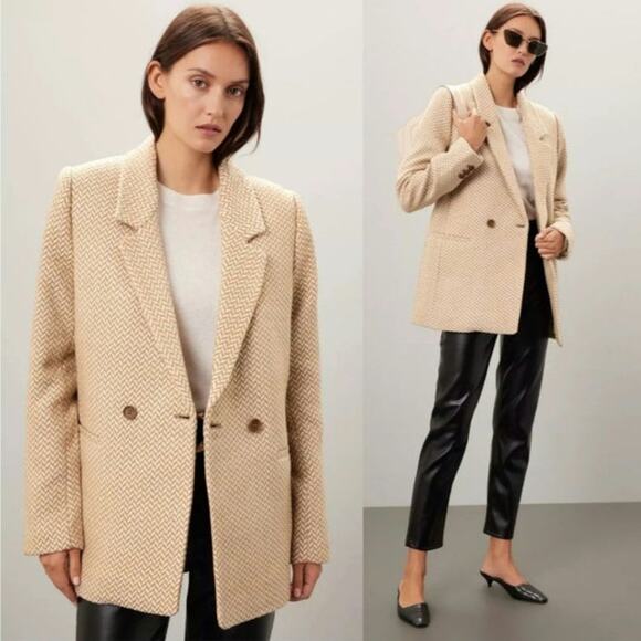 Anine Bing Oversized Fishbone Blazer Tan/White Herringbone Print Size Large - Picture 1 of 11